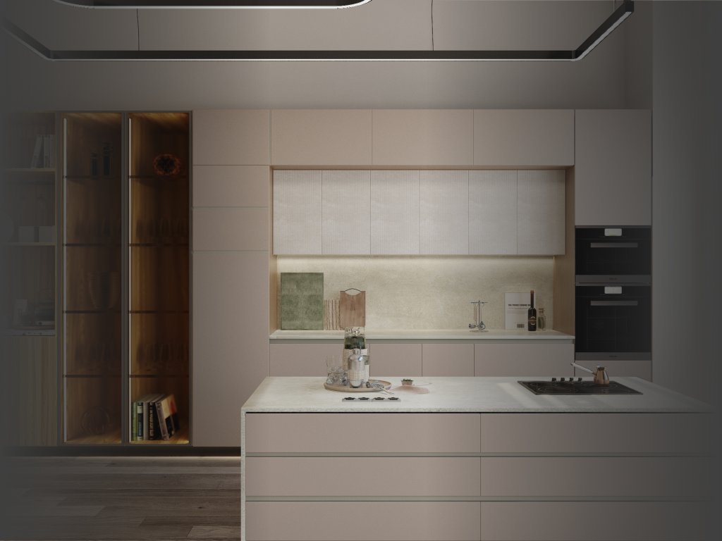 Nordic kitchen design with natural wood cabinets, minimalist white countertops, open shelving, and soft natural light highlighting Scandinavian minimalism