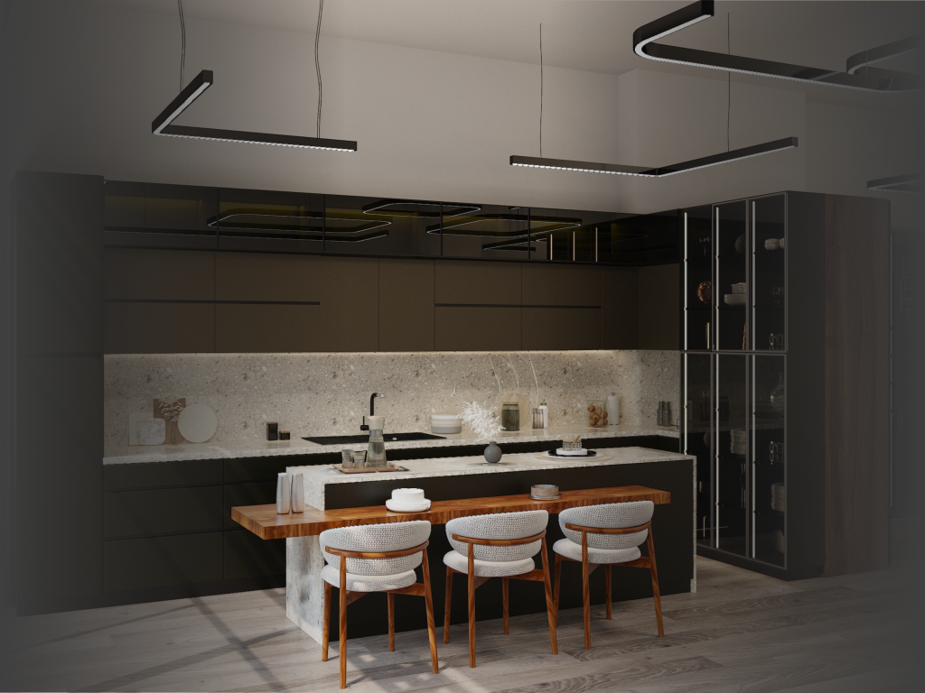 Contemporary kitchen island with geometric black pendant lights, wood breakfast bar, and mid century modern dining chairs - Aura Kitchen collection