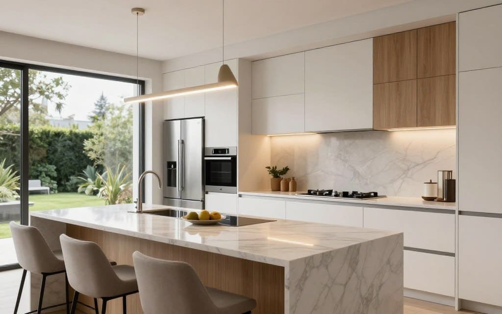 Contemporary kitchen design featuring sleek white cabinets, marble island countertop, pendant lighting, and stainless steel appliances in a modern open-plan home