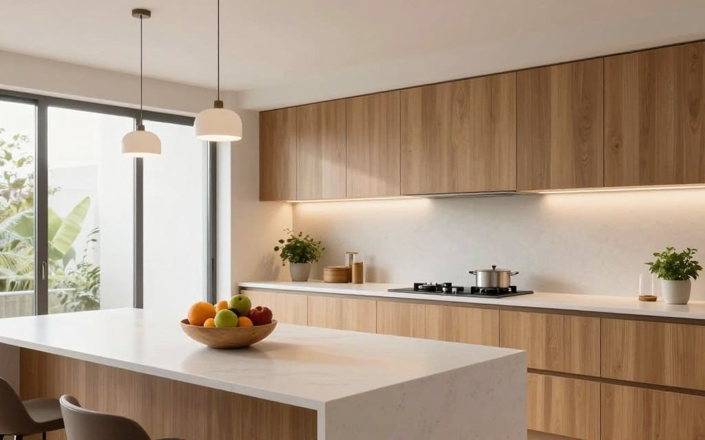 Nordic kitchen design with natural wood cabinets, minimalist white countertops, open shelving, and soft natural light highlighting Scandinavian minimalism