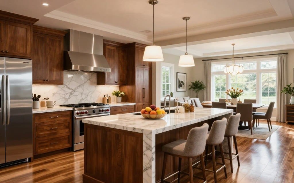 The Pavilion Kitchen featuring high-end materials, minimalist design, clean lines, and a luxurious contemporary layout